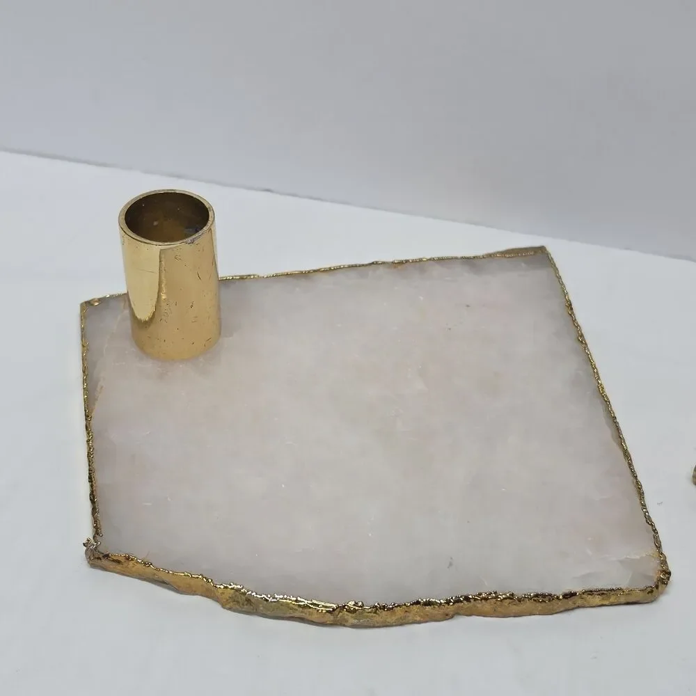 Pair Anthropologie Agate Natural Stone Gilded Gold Edge Candle Holders Boho